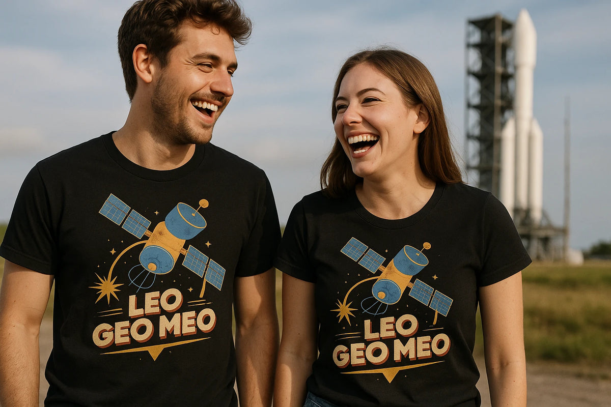 Person wearing the black satellite t shirt graphic tee - "Leo Geo Meo" design