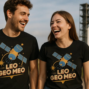 Person wearing the black satellite t shirt graphic tee - "Leo Geo Meo" design