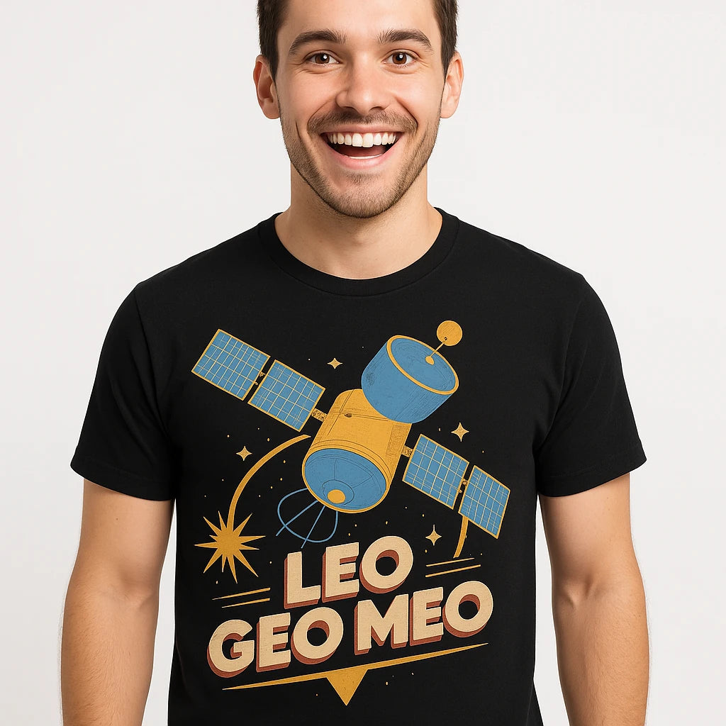 Close-up of the "Leo Geo Meo" tan print on a premium Bella+Canvas black satellite t shirt