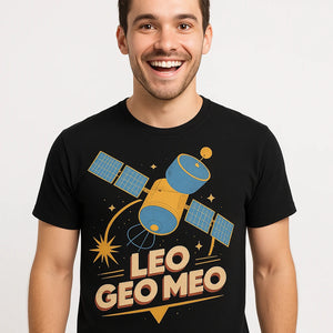 Close-up of the "Leo Geo Meo" tan print on a premium Bella+Canvas black satellite t shirt