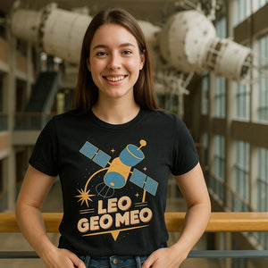 Lifestyle shot of the "Leo Geo Meo" black satellite t shirt in a real-world setting