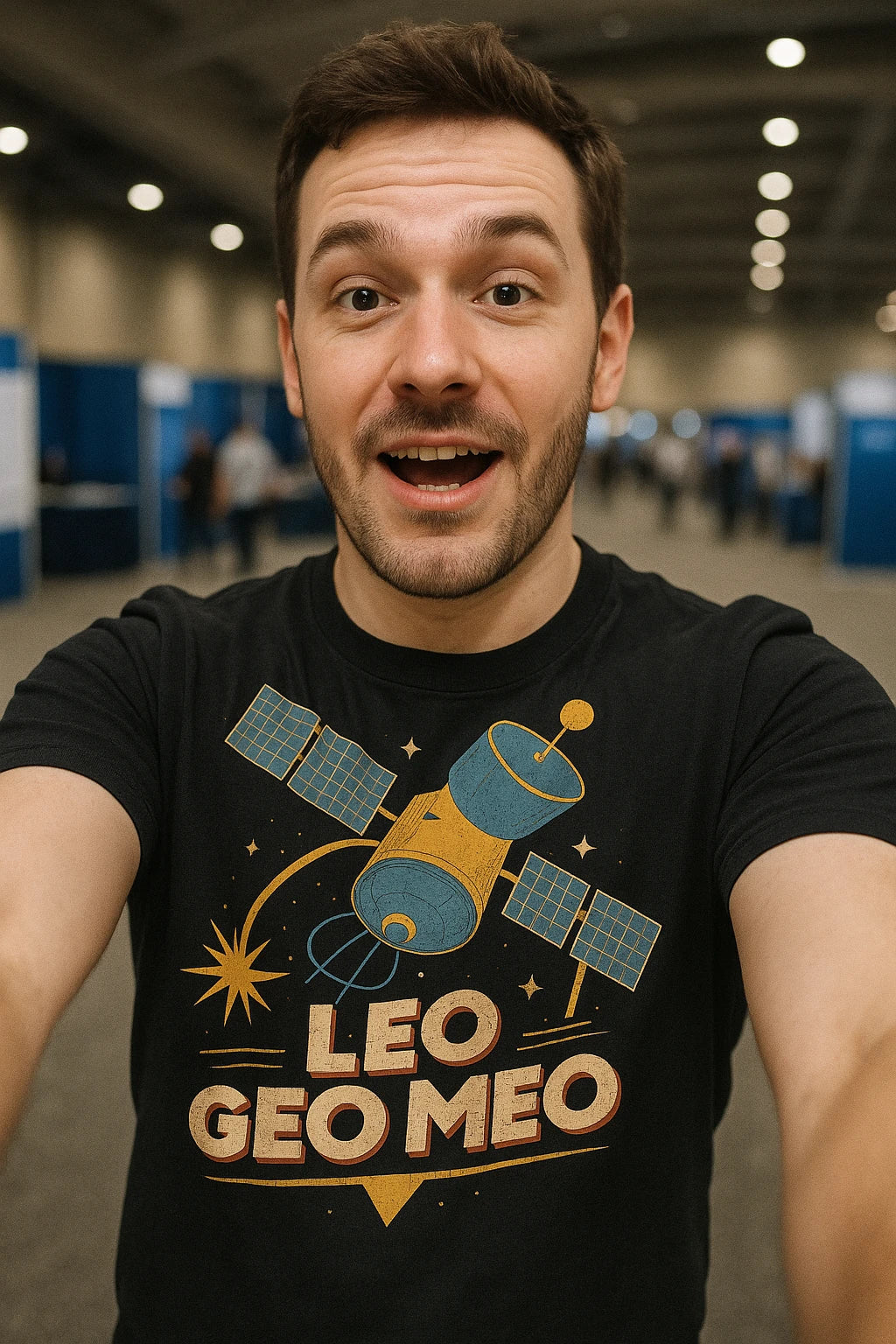 "Leo Geo Meo" black satellite t shirt, photographed as satellite lover gift
