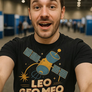 "Leo Geo Meo" black satellite t shirt, photographed as satellite lover gift