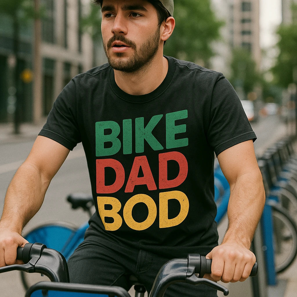 "Bike Dad Bod" black custom cycling shirts, photographed as gift ideas for bicycle riders