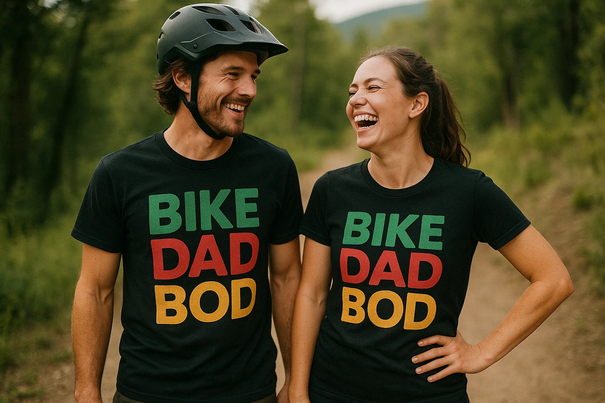Person wearing the black custom cycling shirts graphic tee - "Bike Dad Bod" design