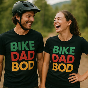 Person wearing the black custom cycling shirts graphic tee - "Bike Dad Bod" design