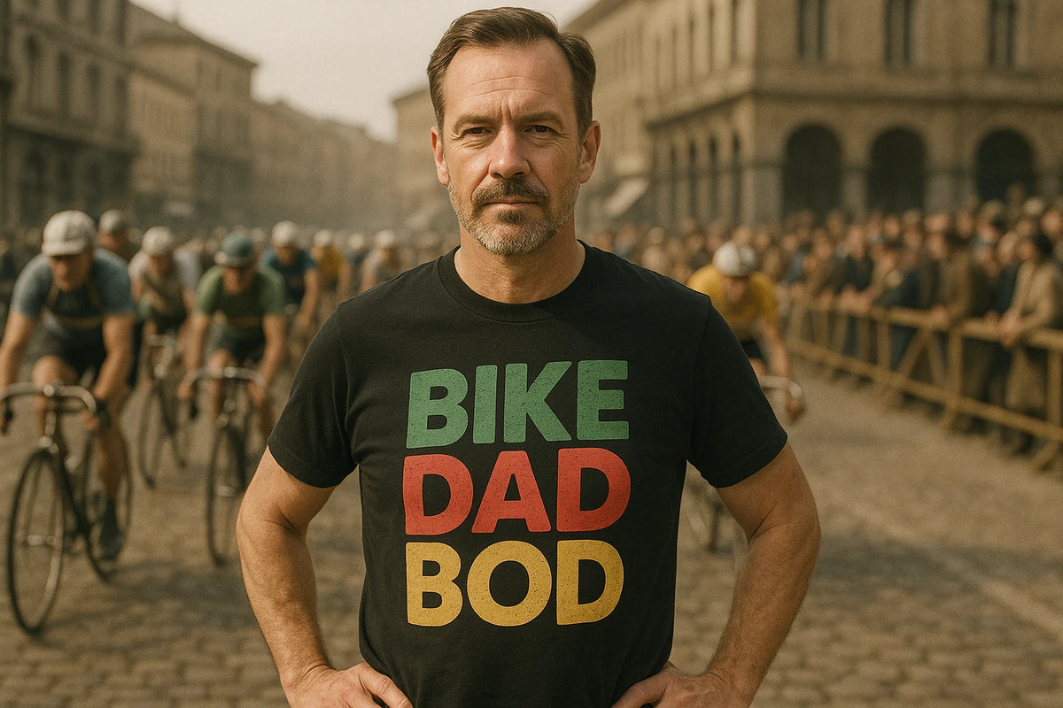 Lifestyle shot of the "Bike Dad Bod" black custom cycling shirts in a real-world setting