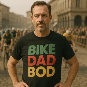 Lifestyle shot of the "Bike Dad Bod" black custom cycling shirts in a real-world setting