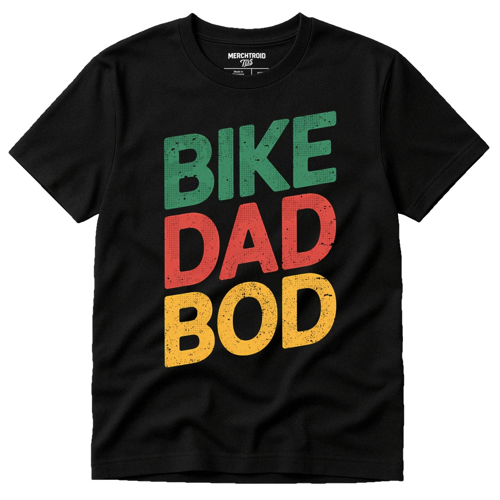 Black Custom Cycling Shirts - "Bike Dad Bod" graphic tee with orange print, flat lay product photo