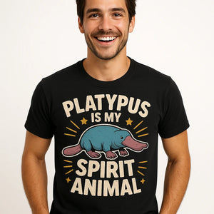 Close-up of the "Platypus Is My Spirit Animal" beige print on a premium Bella+Canvas black platypus t shirt