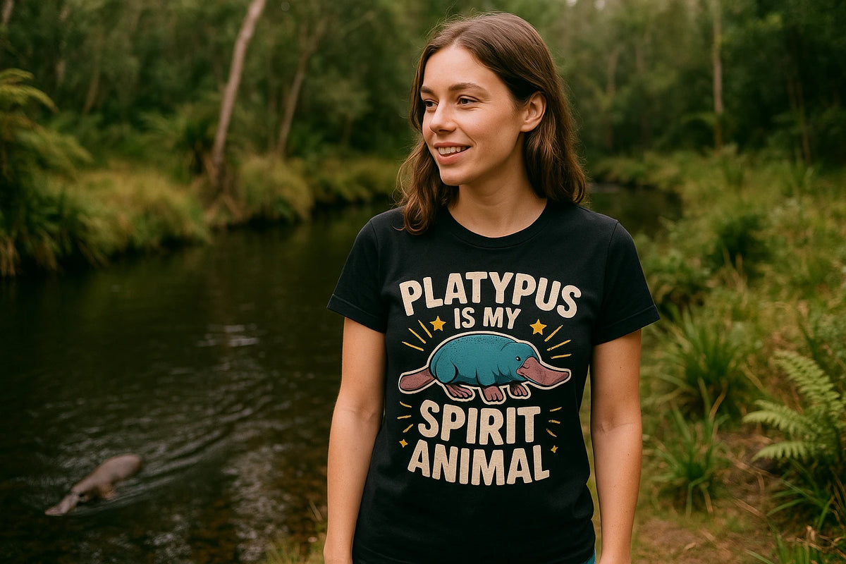 Lifestyle shot of the "Platypus Is My Spirit Animal" black platypus t shirt in a real-world setting