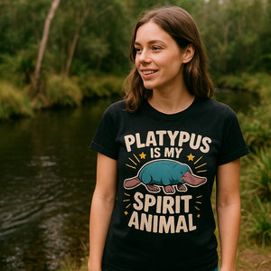 Lifestyle shot of the "Platypus Is My Spirit Animal" black platypus t shirt in a real-world setting
