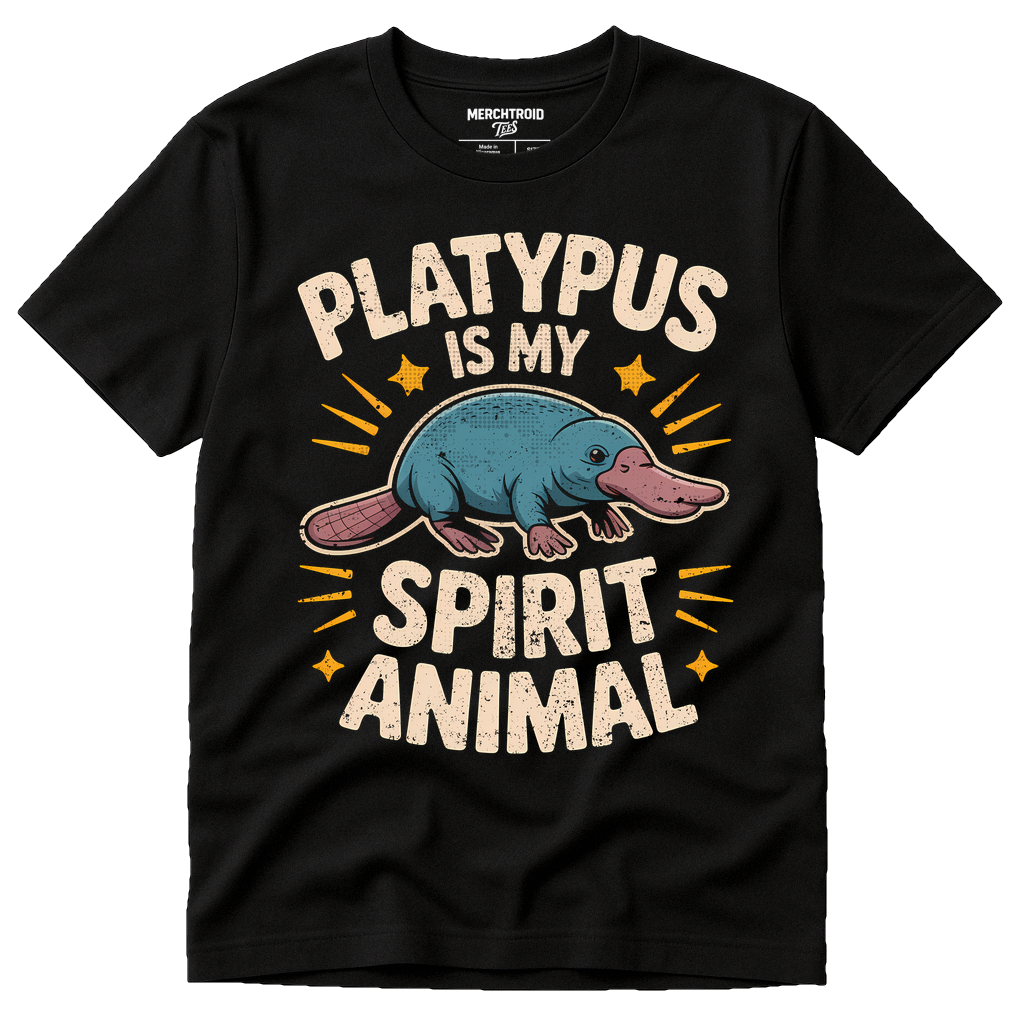 Black Platypus T Shirt - "Platypus Is My Spirit Animal" graphic tee with beige print, flat lay product photo