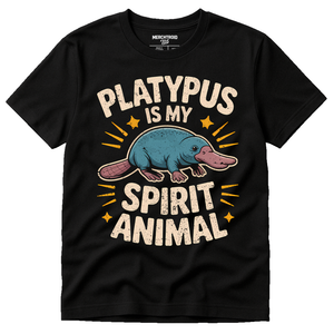 Black Platypus T Shirt - "Platypus Is My Spirit Animal" graphic tee with beige print, flat lay product photo