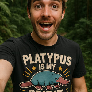 "Platypus Is My Spirit Animal" black platypus t shirt, photographed as platypus lover gift