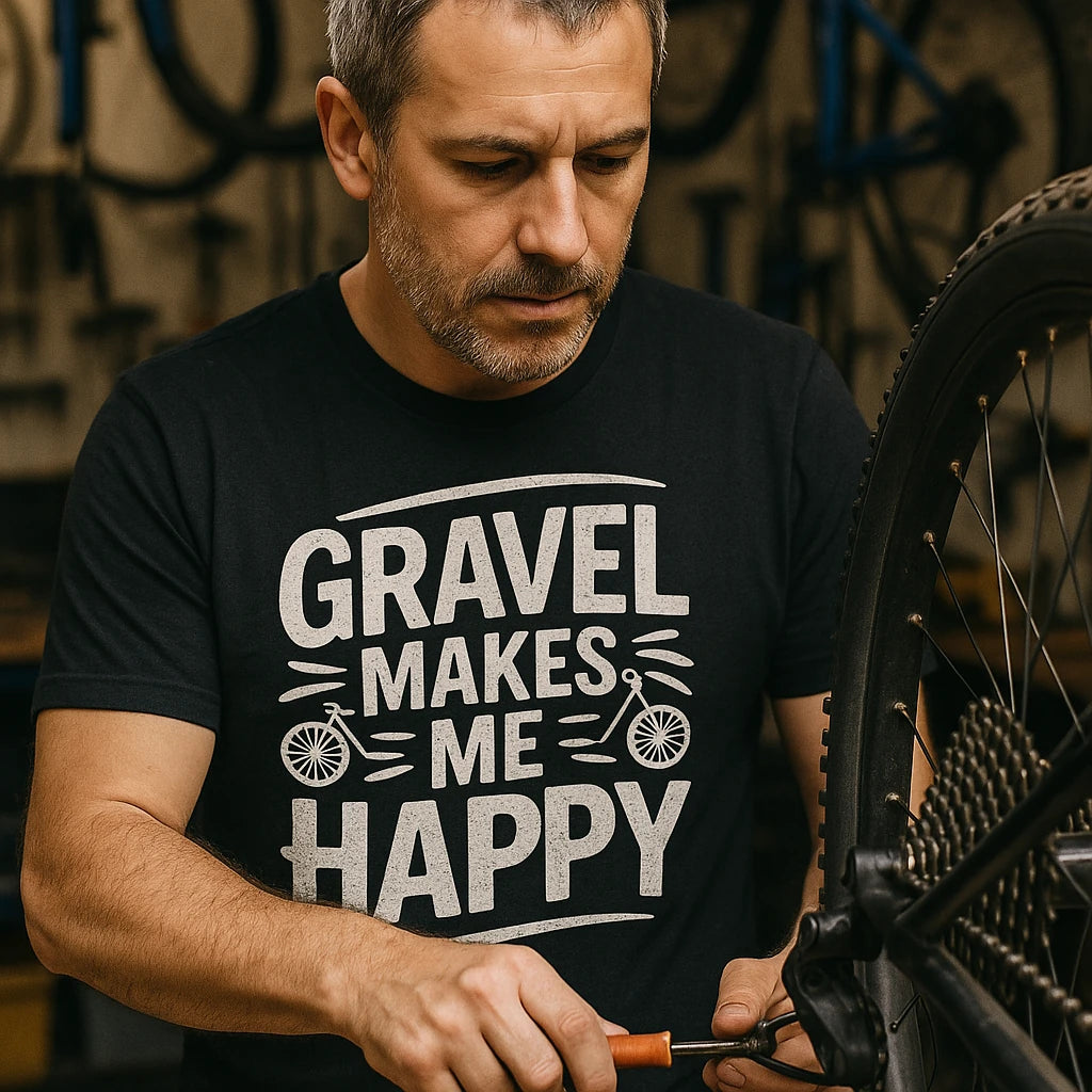 "Gravel Makes Me Happy" black biking shirts, photographed as gifts for biking lovers