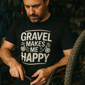 "Gravel Makes Me Happy" black biking shirts - also one of the gifts for bike riders