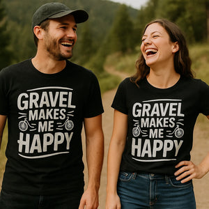 Person wearing the black biking shirts graphic tee - "Gravel Makes Me Happy" design