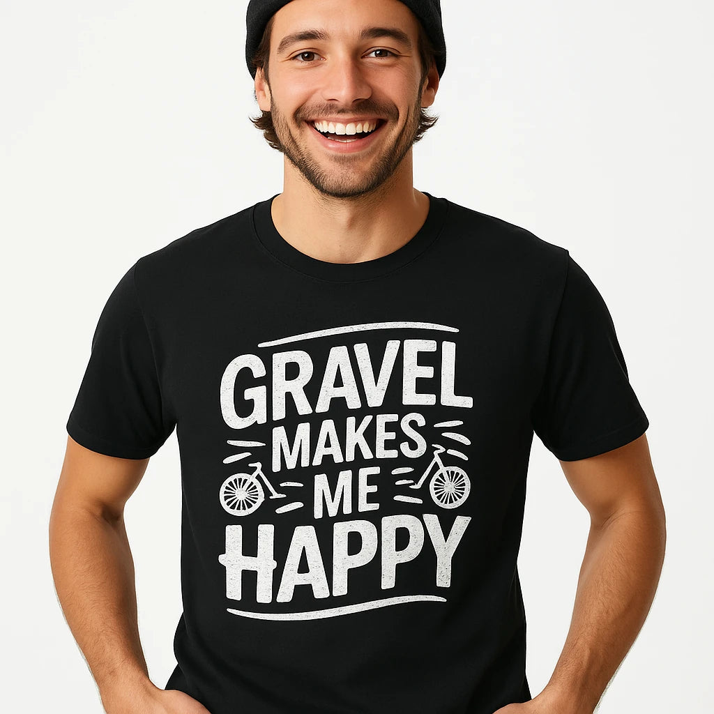 Close-up of the "Gravel Makes Me Happy" white print on a premium Bella+Canvas black biking shirts