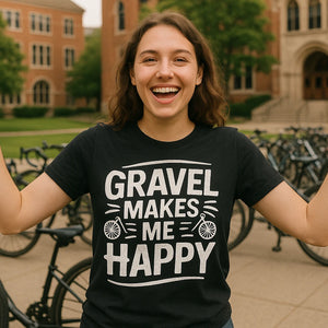 Lifestyle shot of the "Gravel Makes Me Happy" black biking shirts in a real-world setting