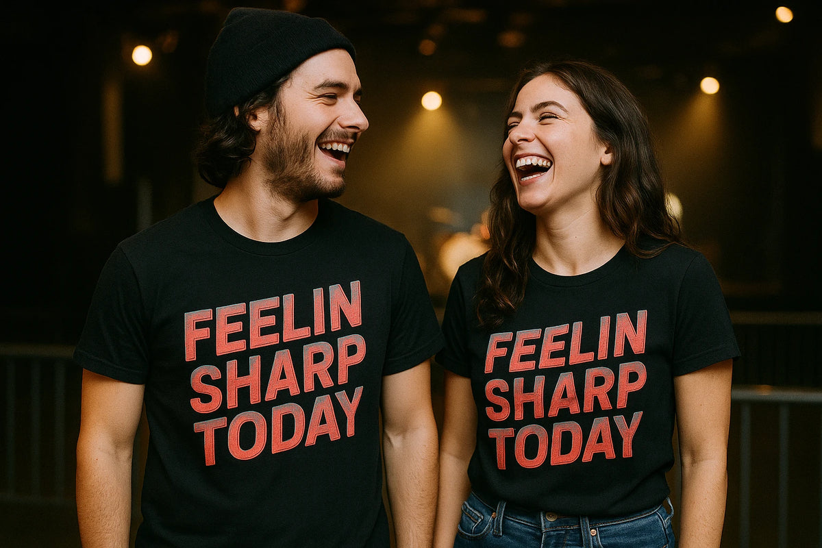 Person wearing the black funny classical music t shirts graphic tee - "Feelin Sharp Today" design