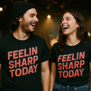 Person wearing the black funny classical music t shirts graphic tee - "Feelin Sharp Today" design