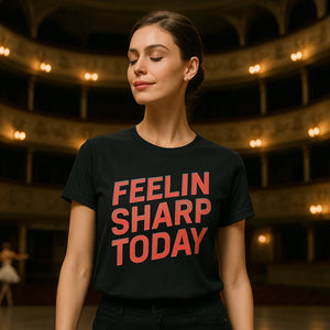 Lifestyle shot of the "Feelin Sharp Today" black funny classical music t shirts in a real-world setting