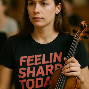 "Feelin Sharp Today" black funny classical music t shirts, photographed as gift for classical music lover