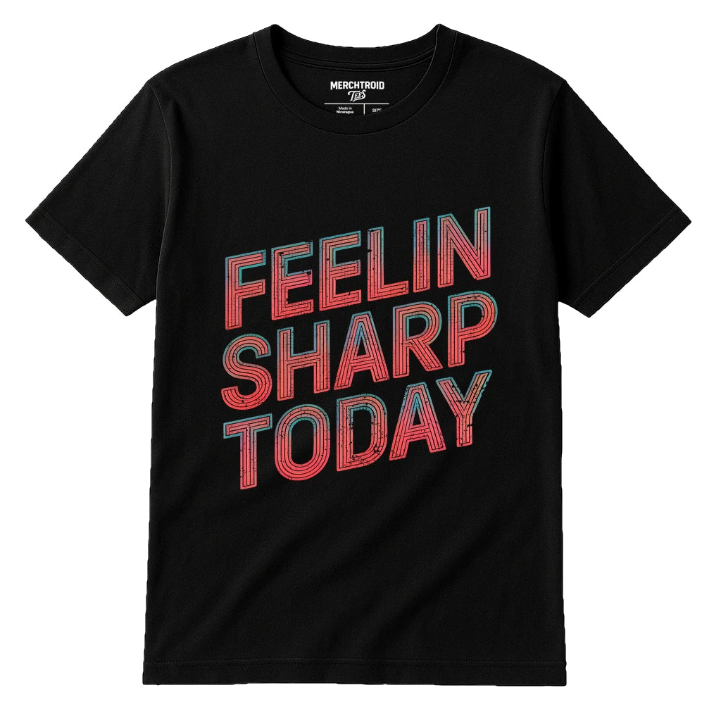 Black Funny Classical Music T Shirts - "Feelin Sharp Today" graphic tee with orange print, flat lay product photo