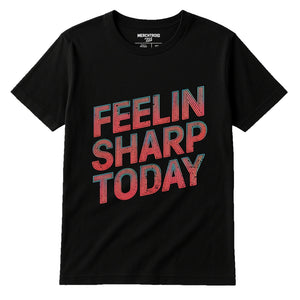 Black Funny Classical Music T Shirts - "Feelin Sharp Today" graphic tee with orange print, flat lay product photo