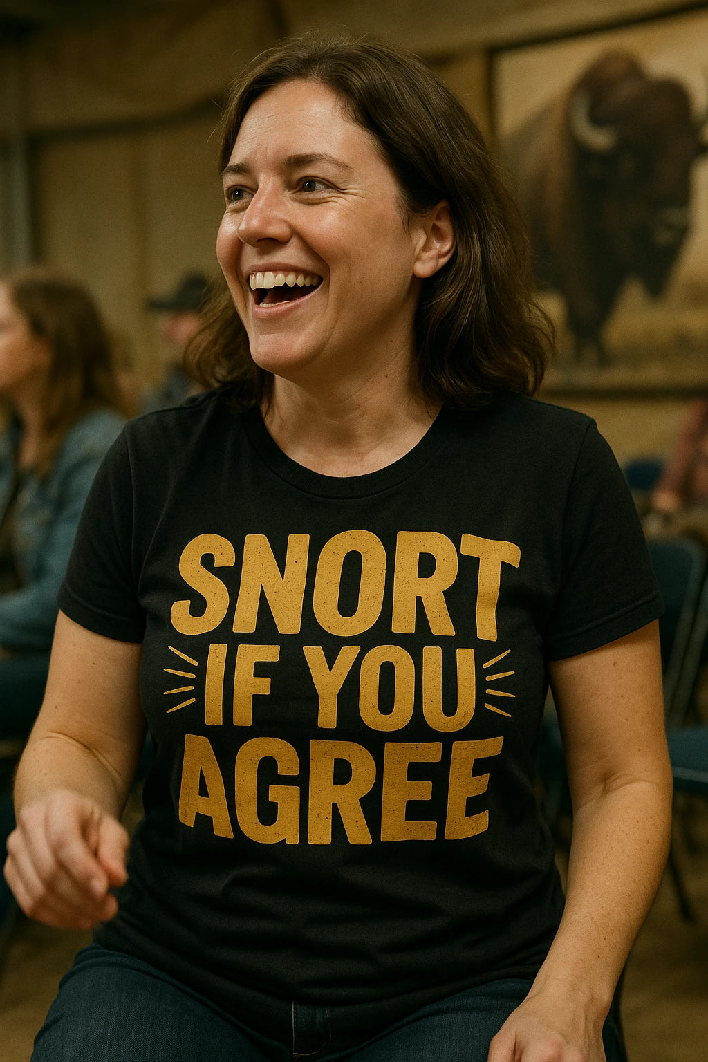 "Snort If You Agree" black bison t shirt, photographed as gifts for bison lovers