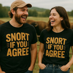 Person wearing the black bison t shirt graphic tee - "Snort If You Agree" design