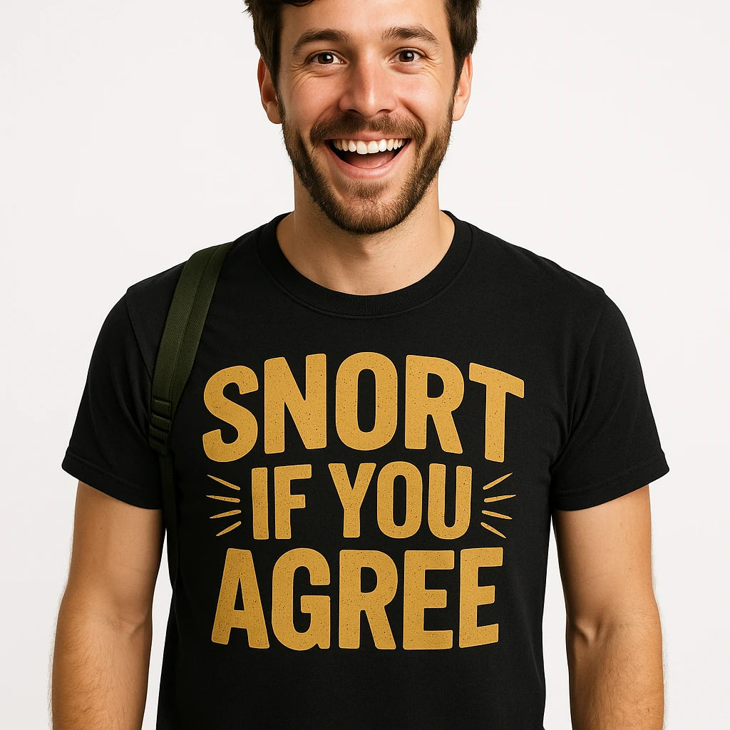 Close-up of the "Snort If You Agree" gold print on a premium Bella+Canvas black bison t shirt