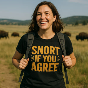 Lifestyle shot of the "Snort If You Agree" black bison t shirt in a real-world setting