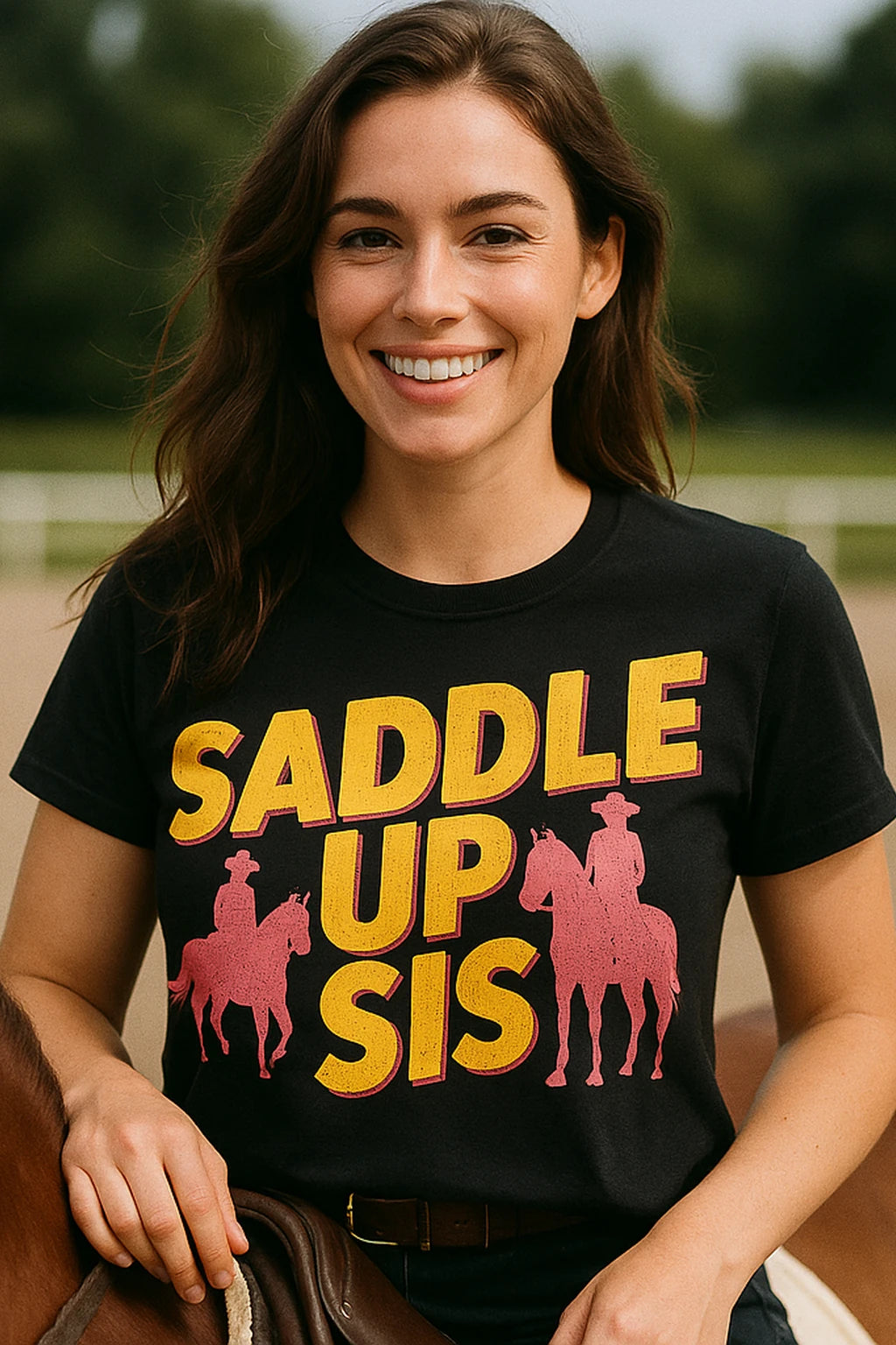 "Saddle Up Sis" black shirts for horseback riding - a birthday gift for horseback riding lover