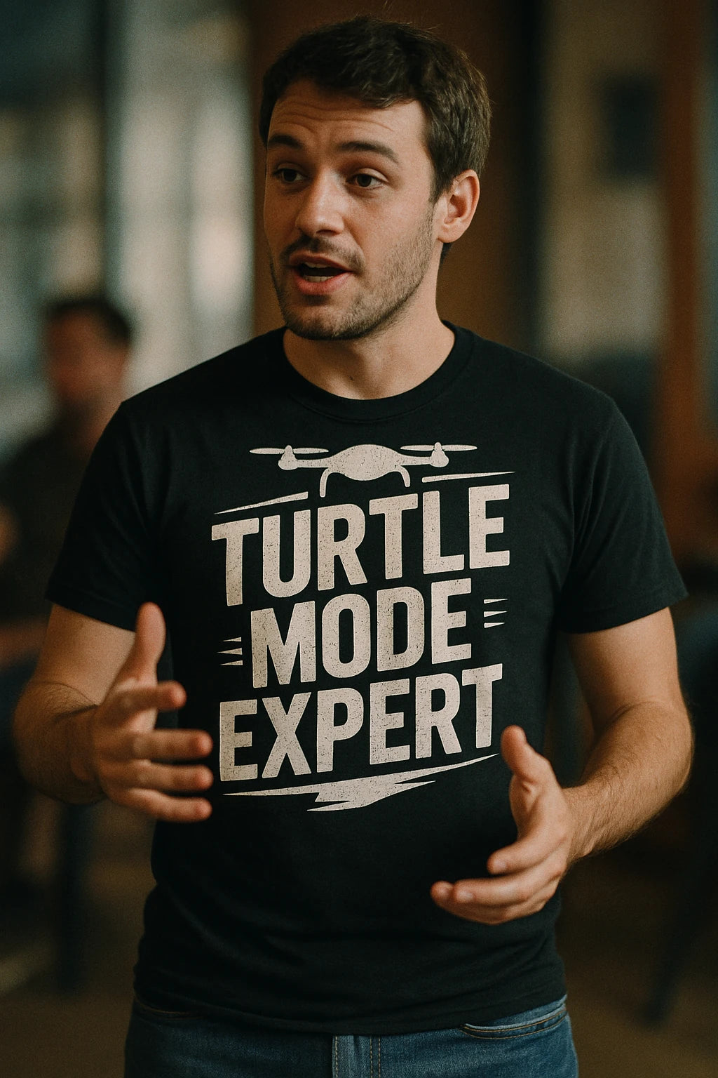 "Turtle Mode Expert" black drone shirts, photographed as gift for drone lover