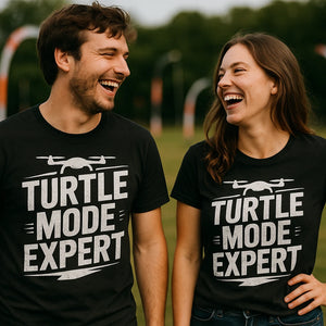 Person wearing the black drone shirts graphic tee - "Turtle Mode Expert" design