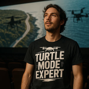 Lifestyle shot of the "Turtle Mode Expert" black drone shirts in a real-world setting