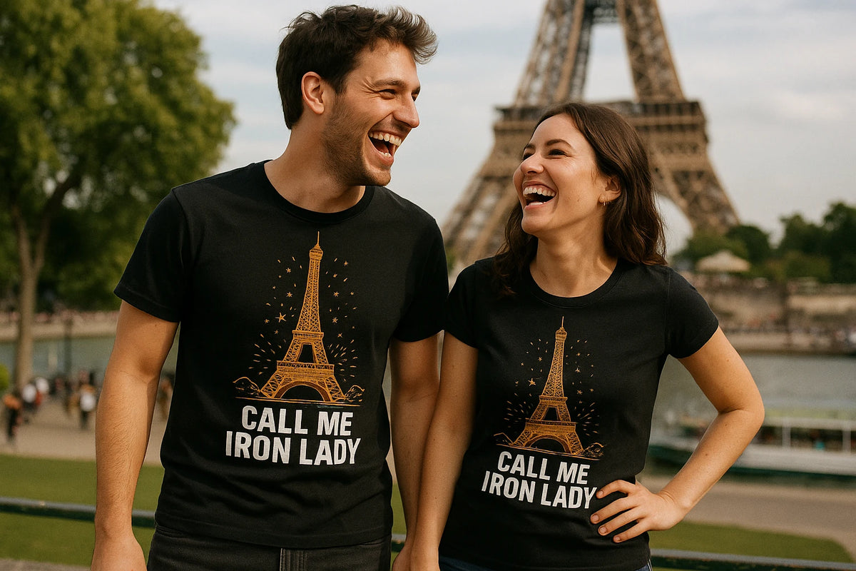 Person wearing the black t shirt eiffel tower graphic tee - "Call Me Iron Lady" design