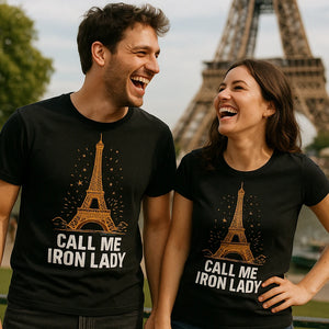 Person wearing the black t shirt eiffel tower graphic tee - "Call Me Iron Lady" design