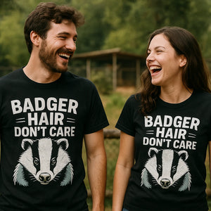 Person wearing the black badgers t shirt graphic tee - "Badger Hair Don'T Care" design