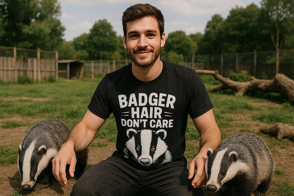 Lifestyle shot of the "Badger Hair Don'T Care" black badgers t shirt in a real-world setting