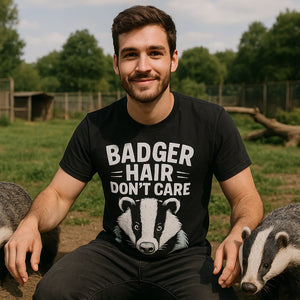 Lifestyle shot of the "Badger Hair Don'T Care" black badgers t shirt in a real-world setting