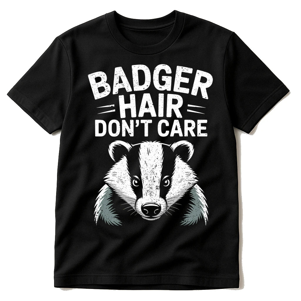 Black Badgers T Shirt - "Badger Hair Don'T Care" graphic tee with white print, flat lay product photo