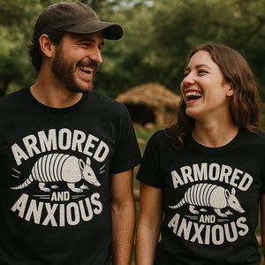 Person wearing the black armadillo t shirt graphic tee - "Armored and Anxious" design
