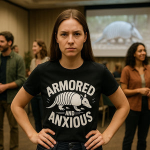 Lifestyle shot of the "Armored and Anxious" black armadillo t shirt in a real-world setting