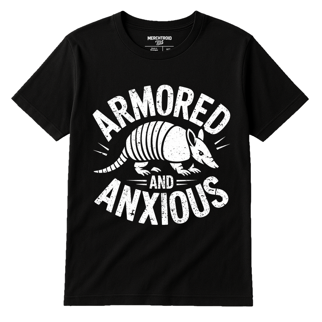 Black Armadillo T Shirt - "Armored and Anxious" graphic tee with white print, flat lay product photo