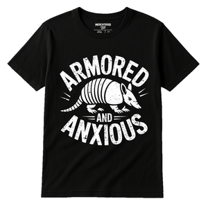 Black Armadillo T Shirt - "Armored and Anxious" graphic tee with white print, flat lay product photo