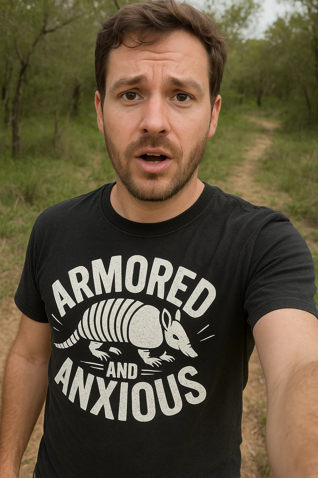 "Armored and Anxious" black armadillo t shirt, photographed as armadillo lover gift