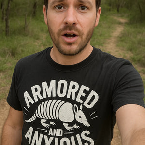 "Armored and Anxious" black armadillo t shirt, photographed as armadillo lover gift